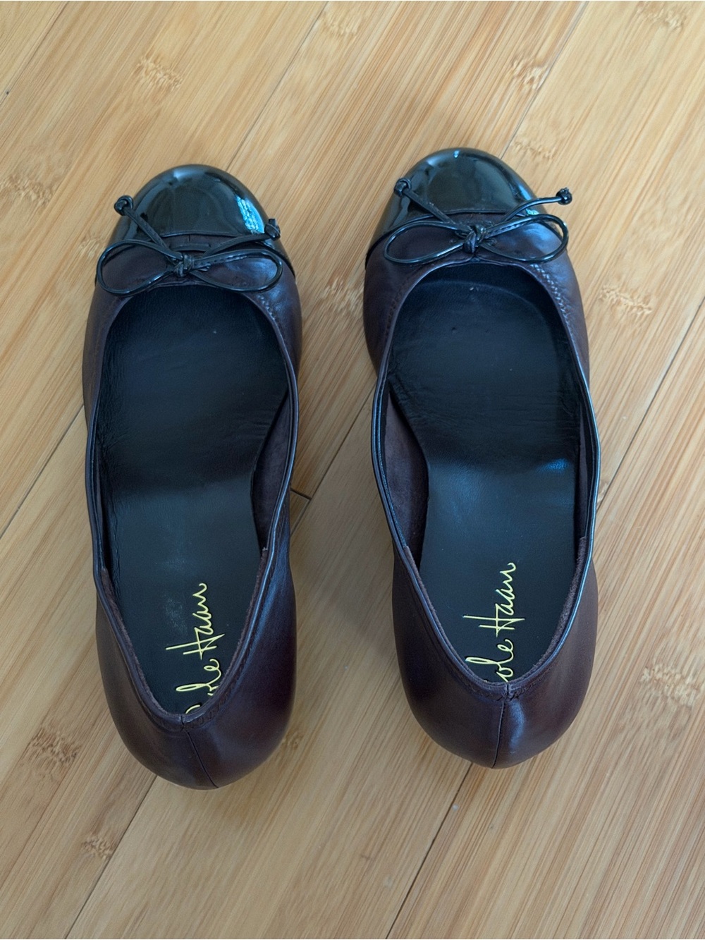 Cole Haan/Nike Air Brown Leather Ballet Flats with Black Patent Toe Cap